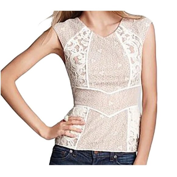 BCBGMaxAzria Kerra Lace Overlay Peplum Sleeveless Top, Size Medium, Office - Picture 1 of 6